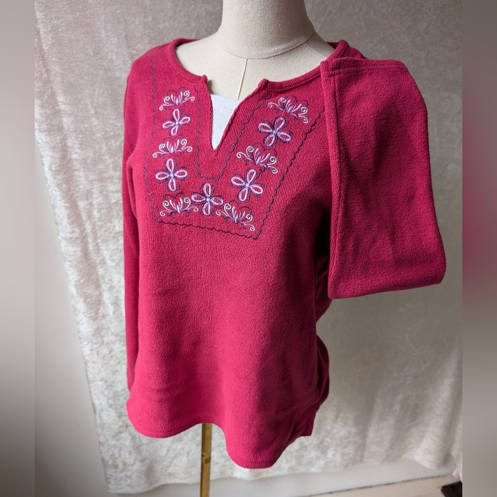 Great Northwest Hot Pink Fuchsia Embroidered Long Sleeve Sweater Top Floral